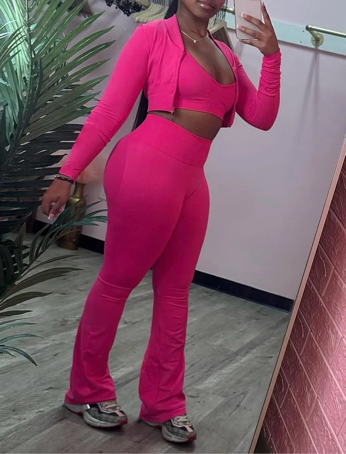 Mintsnow Women 3 Piece Sweatsuit Outfits Sets Long Sleeve Zipper Jacket Crop Tops and Long Flare Pants Set Workout Tracksuit