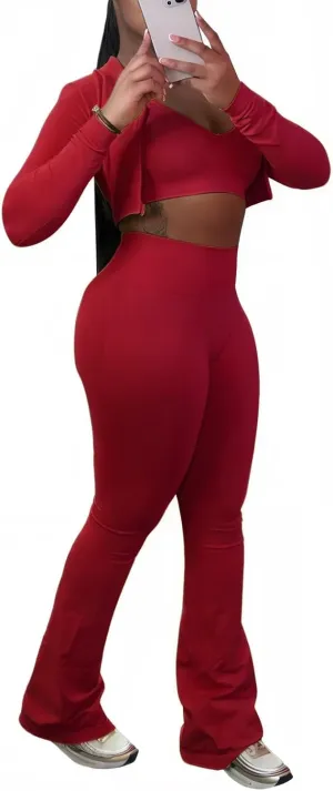 Mintsnow Women 3 Piece Sweatsuit Outfits Sets Long Sleeve Zipper Jacket Crop Tops and Long Flare Pants Set Workout Tracksuit