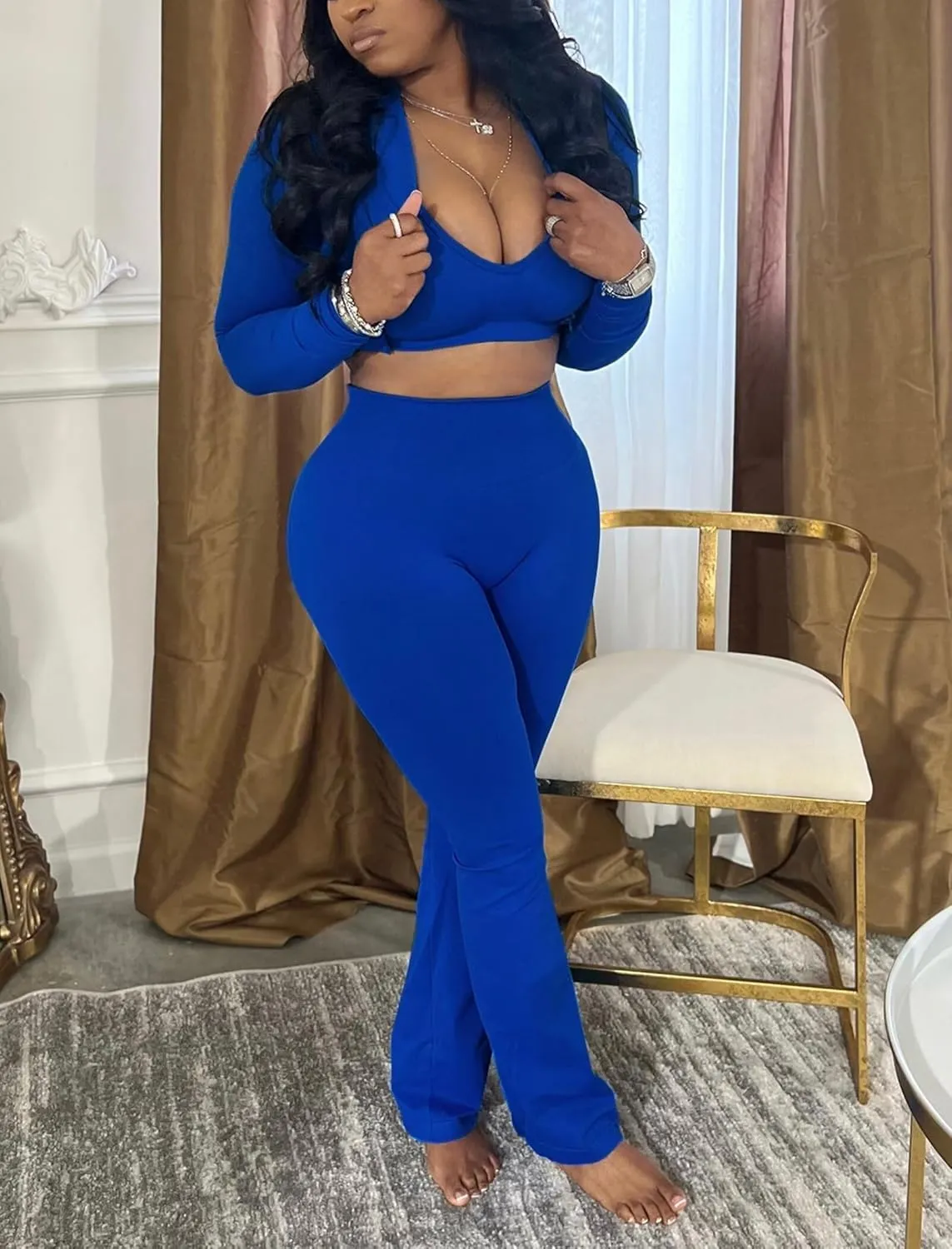 Mintsnow Women 3 Piece Sweatsuit Outfits Sets Long Sleeve Zipper Jacket Crop Tops and Long Flare Pants Set Workout Tracksuit
