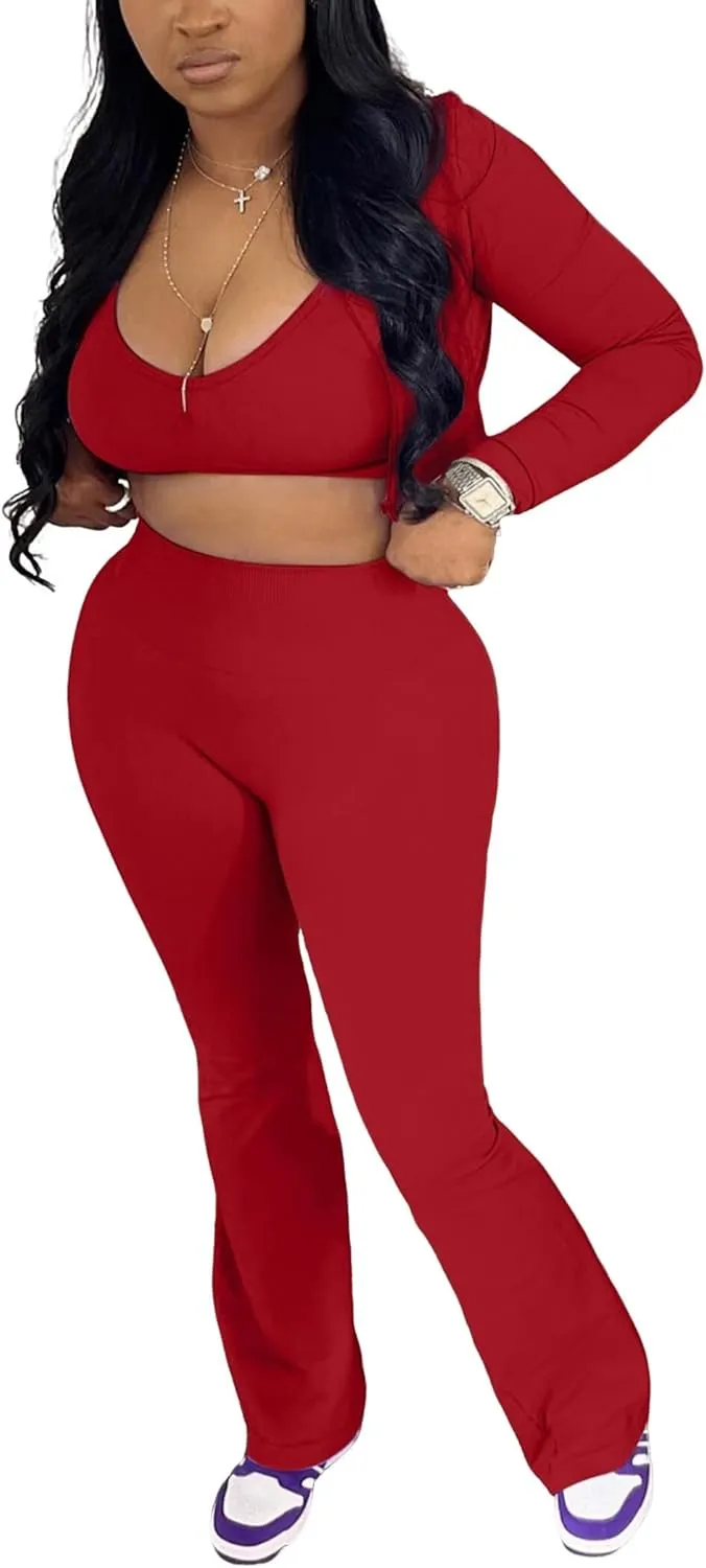 Mintsnow Women 3 Piece Sweatsuit Outfits Sets Long Sleeve Zipper Jacket Crop Tops and Long Flare Pants Set Workout Tracksuit