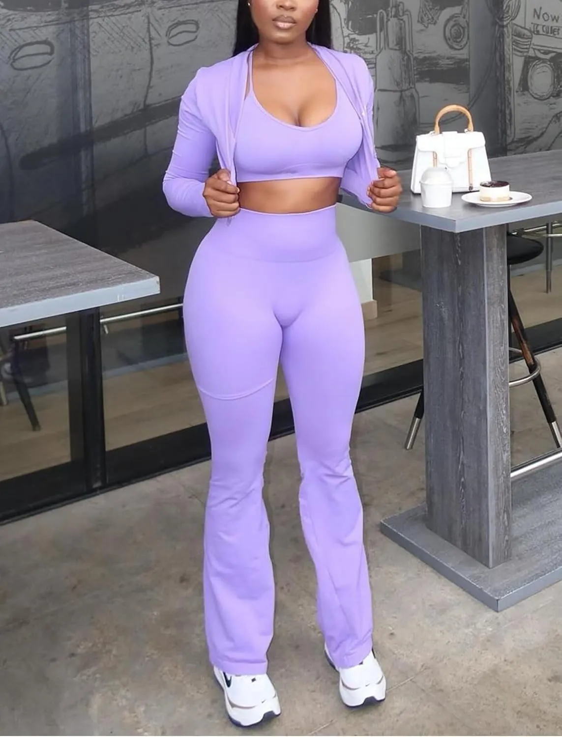 Mintsnow Women 3 Piece Sweatsuit Outfits Sets Long Sleeve Zipper Jacket Crop Tops and Long Flare Pants Set Workout Tracksuit