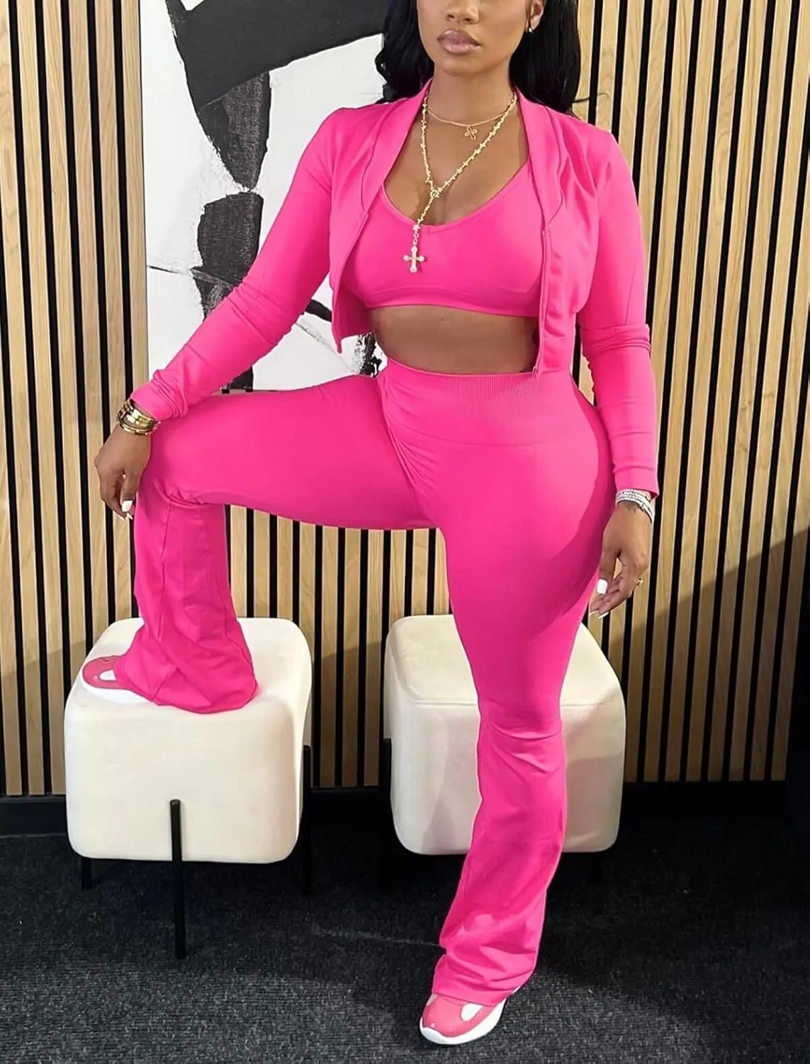 Mintsnow Women 3 Piece Sweatsuit Outfits Sets Long Sleeve Zipper Jacket Crop Tops and Long Flare Pants Set Workout Tracksuit