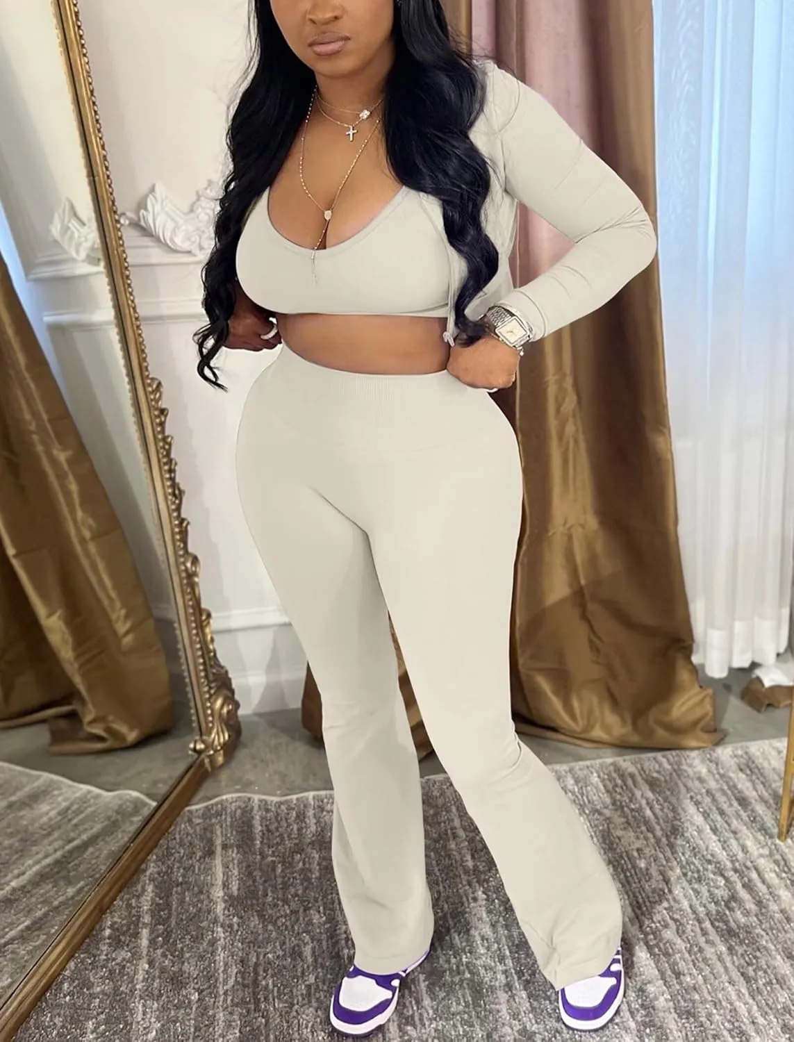 Mintsnow Women 3 Piece Sweatsuit Outfits Sets Long Sleeve Zipper Jacket Crop Tops and Long Flare Pants Set Workout Tracksuit