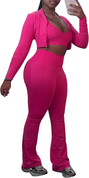 Mintsnow Women 3 Piece Sweatsuit Outfits Sets Long Sleeve Zipper Jacket Crop Tops and Long Flare Pants Set Workout Tracksuit
