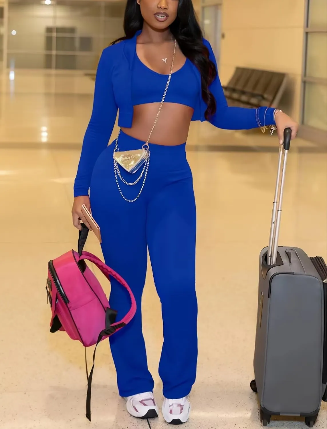 Mintsnow Women 3 Piece Sweatsuit Outfits Sets Long Sleeve Zipper Jacket Crop Tops and Long Flare Pants Set Workout Tracksuit