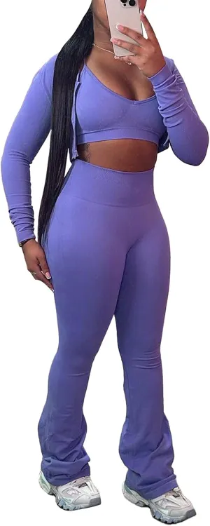 Mintsnow Women 3 Piece Sweatsuit Outfits Sets Long Sleeve Zipper Jacket Crop Tops and Long Flare Pants Set Workout Tracksuit