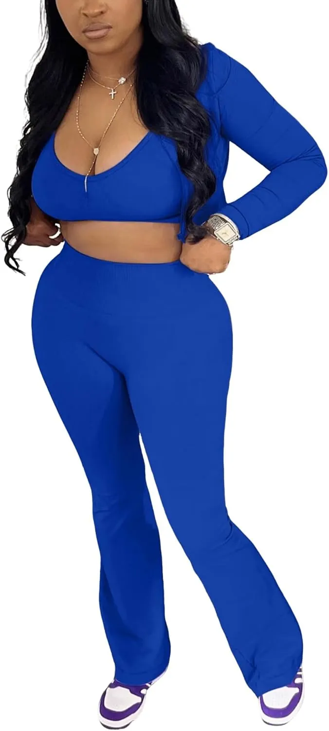 Mintsnow Women 3 Piece Sweatsuit Outfits Sets Long Sleeve Zipper Jacket Crop Tops and Long Flare Pants Set Workout Tracksuit
