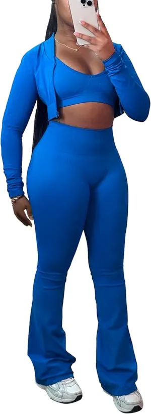 Mintsnow Women 3 Piece Sweatsuit Outfits Sets Long Sleeve Zipper Jacket Crop Tops and Long Flare Pants Set Workout Tracksuit