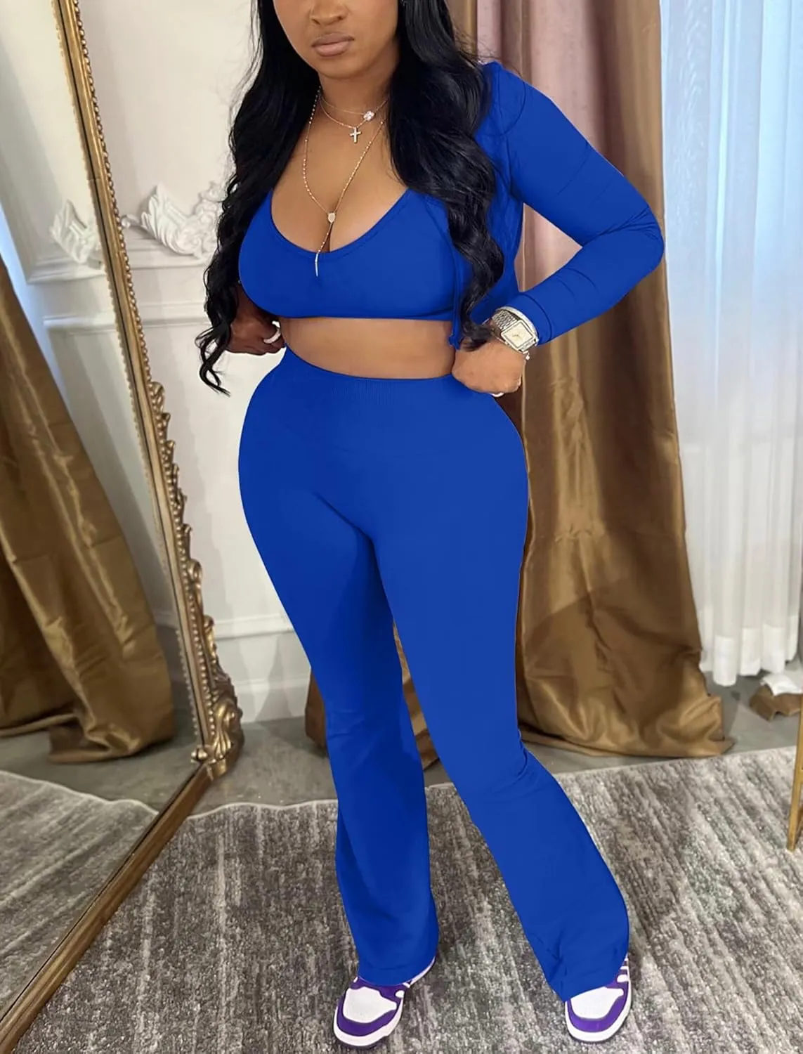 Mintsnow Women 3 Piece Sweatsuit Outfits Sets Long Sleeve Zipper Jacket Crop Tops and Long Flare Pants Set Workout Tracksuit