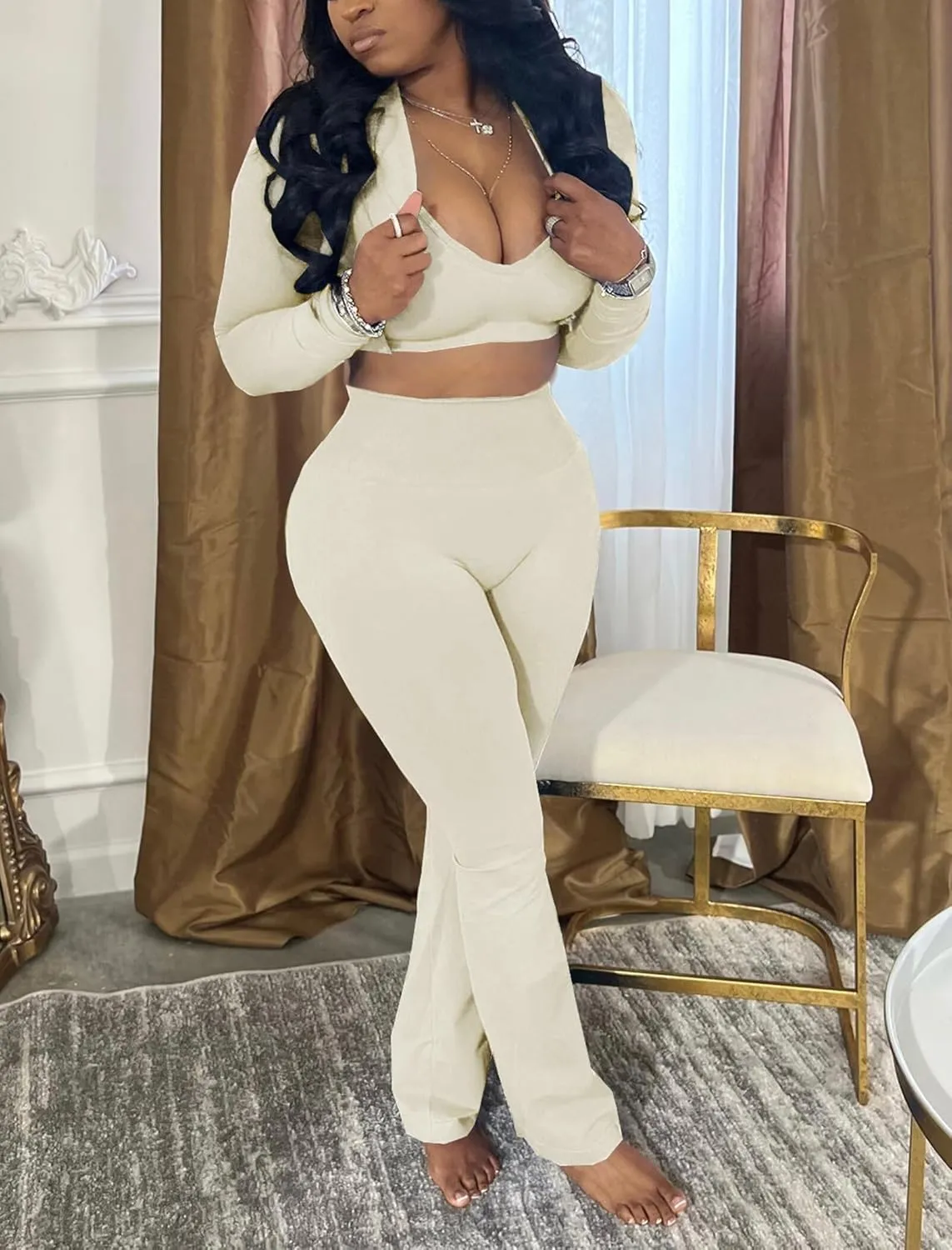 Mintsnow Women 3 Piece Sweatsuit Outfits Sets Long Sleeve Zipper Jacket Crop Tops and Long Flare Pants Set Workout Tracksuit