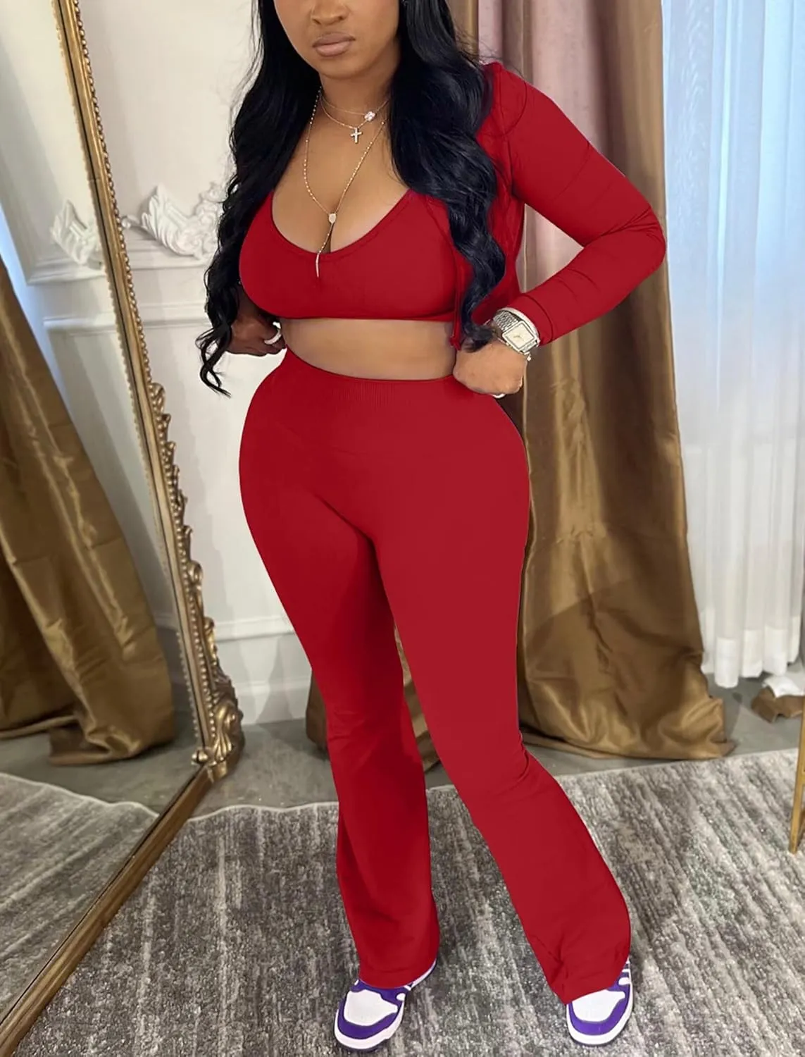 Mintsnow Women 3 Piece Sweatsuit Outfits Sets Long Sleeve Zipper Jacket Crop Tops and Long Flare Pants Set Workout Tracksuit