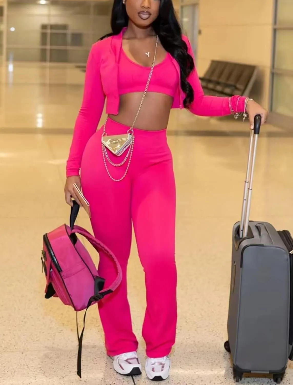 Mintsnow Women 3 Piece Sweatsuit Outfits Sets Long Sleeve Zipper Jacket Crop Tops and Long Flare Pants Set Workout Tracksuit