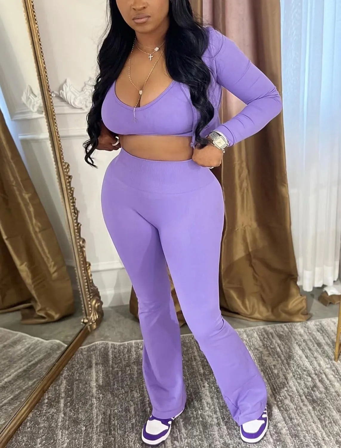 Mintsnow Women 3 Piece Sweatsuit Outfits Sets Long Sleeve Zipper Jacket Crop Tops and Long Flare Pants Set Workout Tracksuit