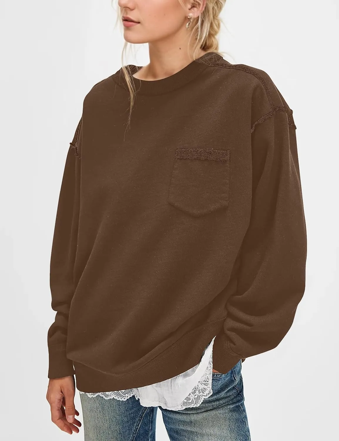MISSACTIVER Women Oversized Sweatshirts Exposed Seam Pullover Sweatshirt Crewneck Pullover Tops Streetwear with Pocket