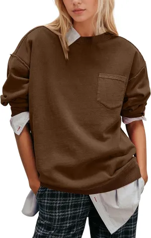 MISSACTIVER Women Oversized Sweatshirts Exposed Seam Pullover Sweatshirt Crewneck Pullover Tops Streetwear with Pocket
