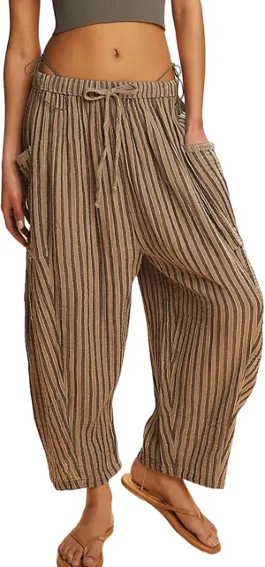 MISSACTIVER Women Summer Striped Harem Pants Flowy Baggy Casual Wide Leg Trousers Drawstring Boho Palazzo Pants with Pockets