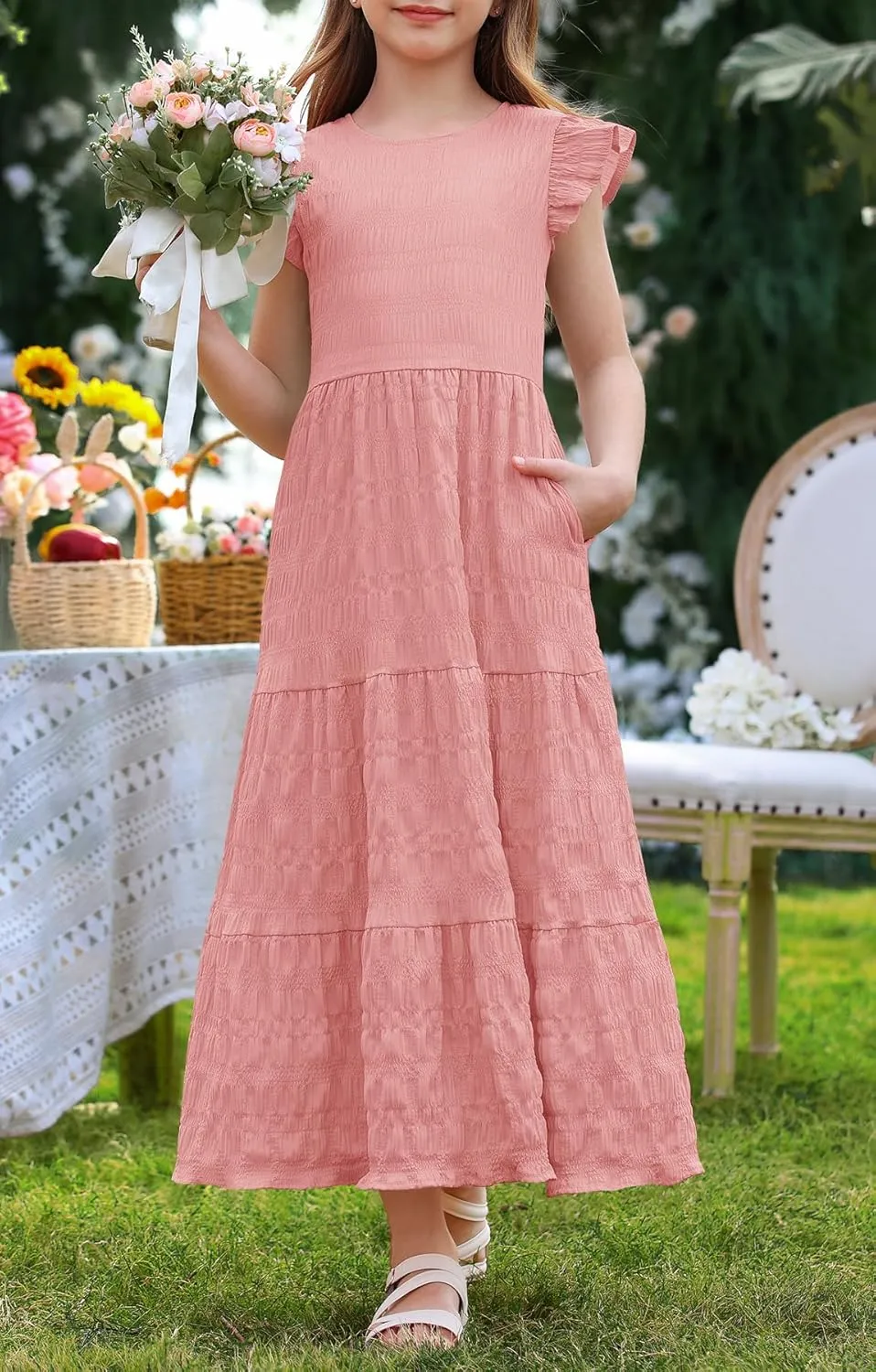 MITILLY Girls Summer Maxi Dress Cute Ruffle Short Sleeve A Line Flowy Casual Party Dresses with Pockets 6-13 Years