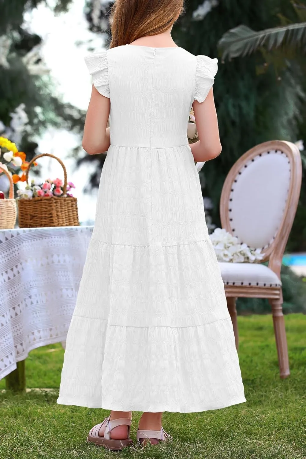 MITILLY Girls Summer Maxi Dress Cute Ruffle Short Sleeve A Line Flowy Casual Party Dresses with Pockets 6-13 Years