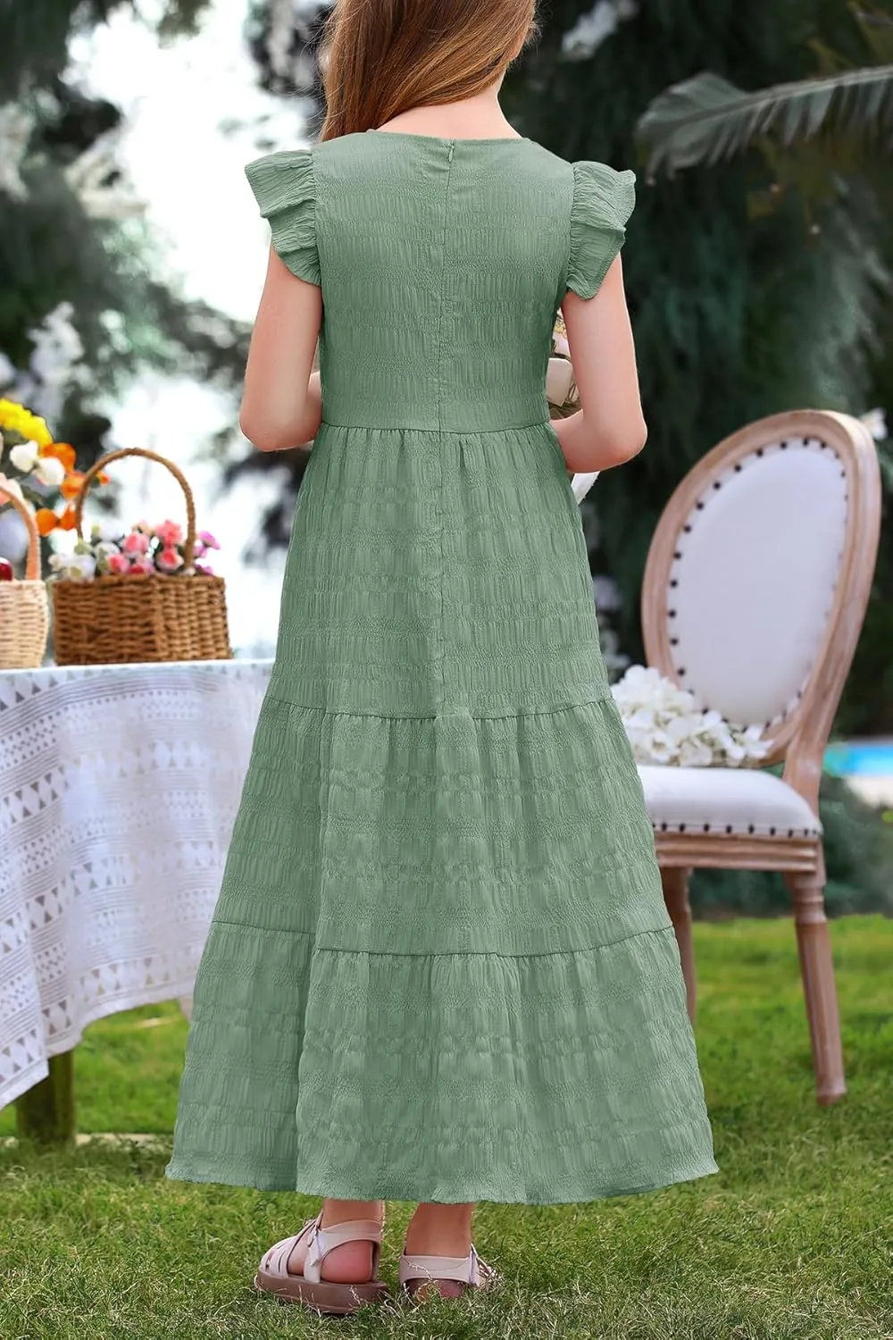MITILLY Girls Summer Maxi Dress Cute Ruffle Short Sleeve A Line Flowy Casual Party Dresses with Pockets 6-13 Years