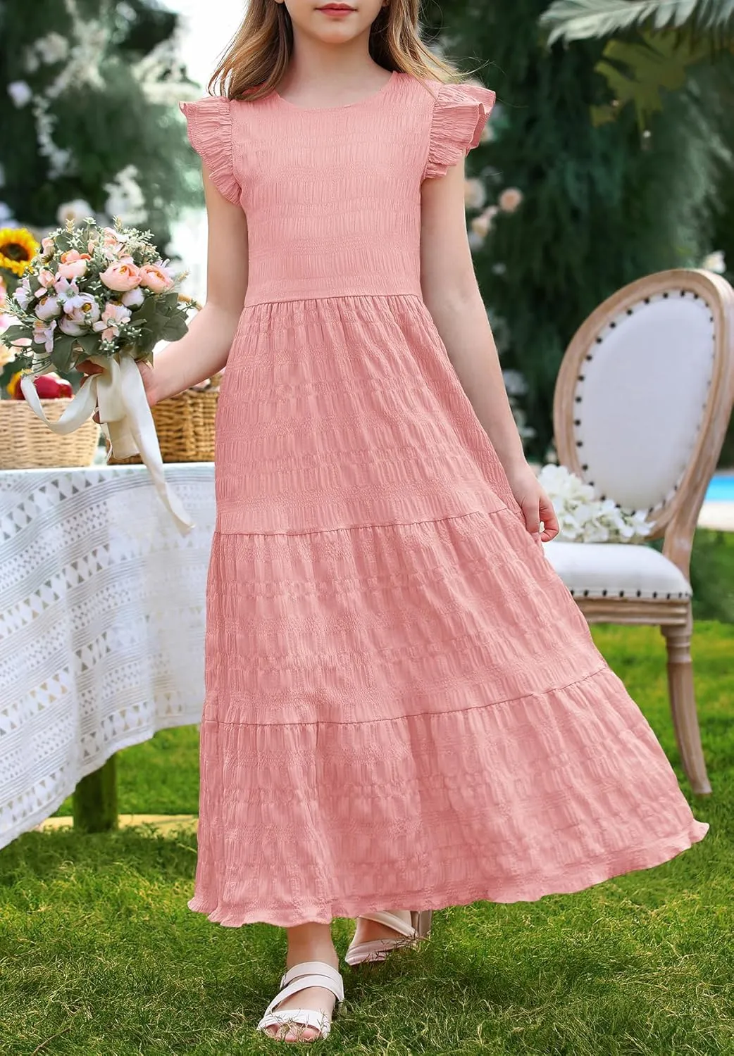 MITILLY Girls Summer Maxi Dress Cute Ruffle Short Sleeve A Line Flowy Casual Party Dresses with Pockets 6-13 Years