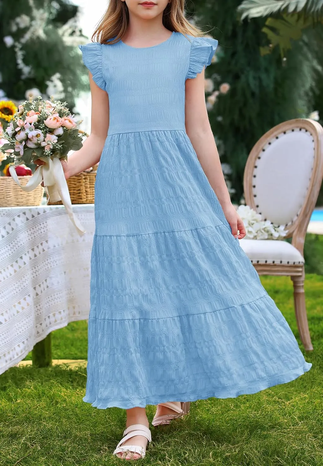 MITILLY Girls Summer Maxi Dress Cute Ruffle Short Sleeve A Line Flowy Casual Party Dresses with Pockets 6-13 Years