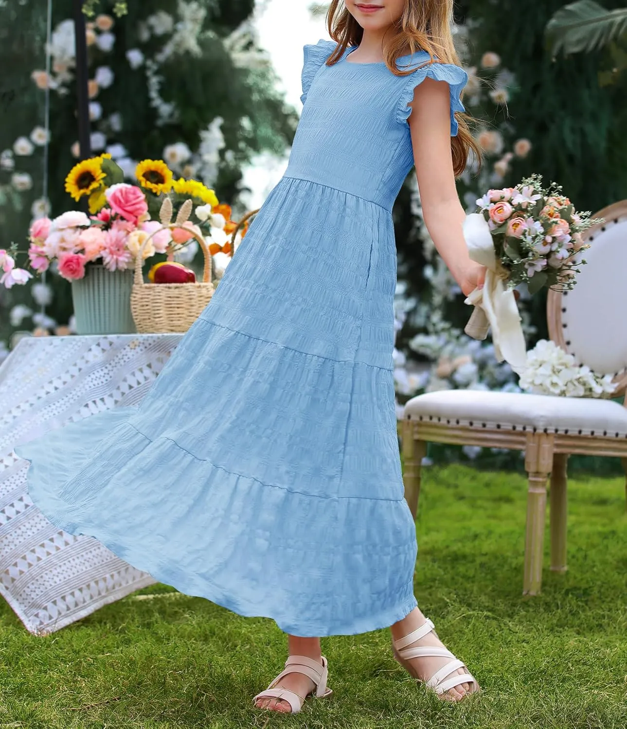 MITILLY Girls Summer Maxi Dress Cute Ruffle Short Sleeve A Line Flowy Casual Party Dresses with Pockets 6-13 Years