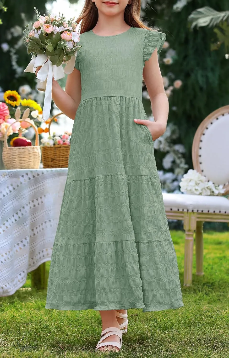 MITILLY Girls Summer Maxi Dress Cute Ruffle Short Sleeve A Line Flowy Casual Party Dresses with Pockets 6-13 Years