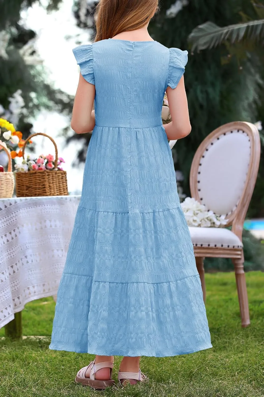 MITILLY Girls Summer Maxi Dress Cute Ruffle Short Sleeve A Line Flowy Casual Party Dresses with Pockets 6-13 Years