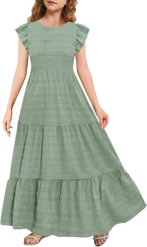 MITILLY Girls Summer Maxi Dress Cute Ruffle Short Sleeve A Line Flowy Casual Party Dresses with Pockets 6-13 Years