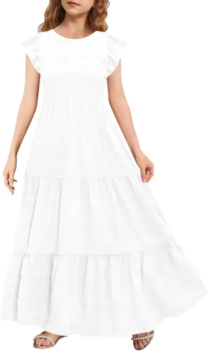 MITILLY Girls Summer Maxi Dress Cute Ruffle Short Sleeve A Line Flowy Casual Party Dresses with Pockets 6-13 Years