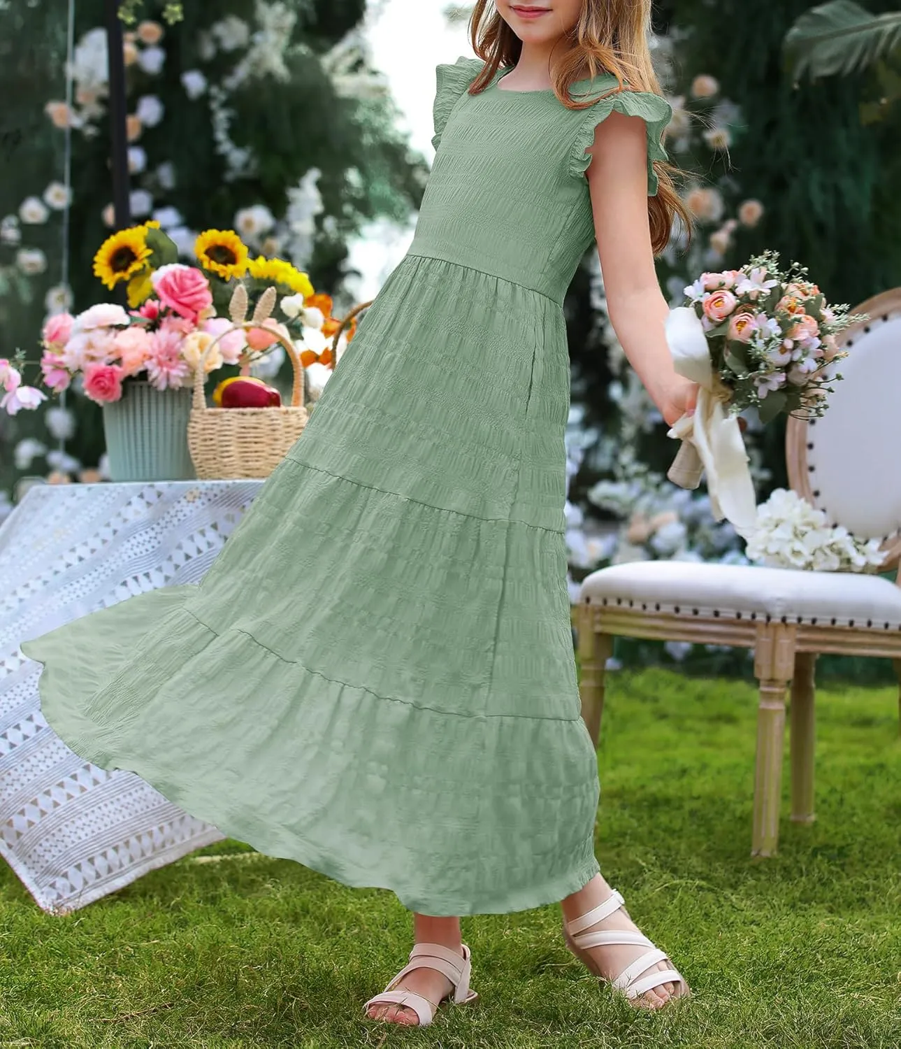 MITILLY Girls Summer Maxi Dress Cute Ruffle Short Sleeve A Line Flowy Casual Party Dresses with Pockets 6-13 Years