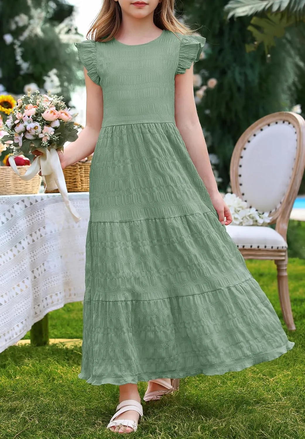 MITILLY Girls Summer Maxi Dress Cute Ruffle Short Sleeve A Line Flowy Casual Party Dresses with Pockets 6-13 Years