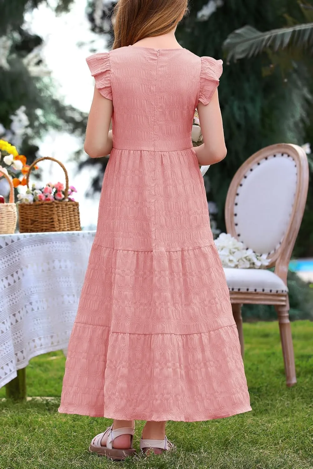 MITILLY Girls Summer Maxi Dress Cute Ruffle Short Sleeve A Line Flowy Casual Party Dresses with Pockets 6-13 Years