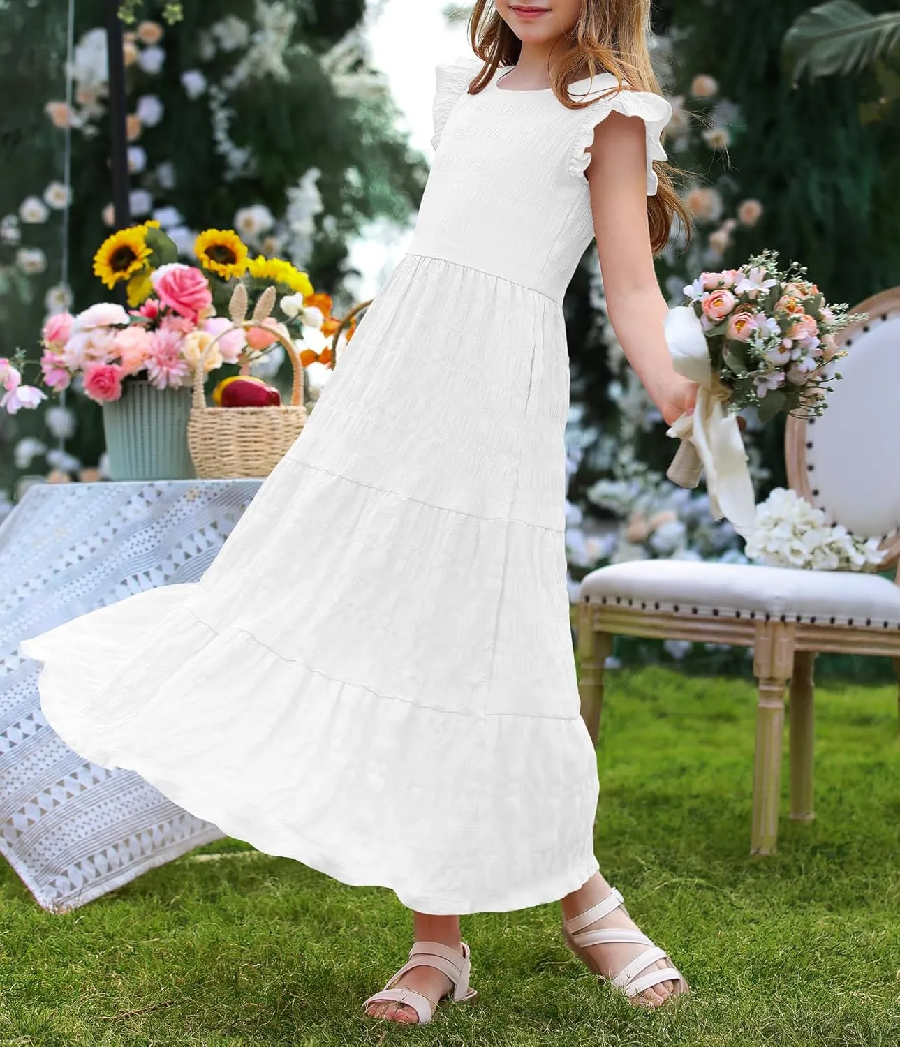 MITILLY Girls Summer Maxi Dress Cute Ruffle Short Sleeve A Line Flowy Casual Party Dresses with Pockets 6-13 Years