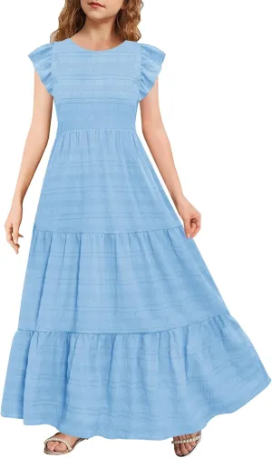 MITILLY Girls Summer Maxi Dress Cute Ruffle Short Sleeve A Line Flowy Casual Party Dresses with Pockets 6-13 Years