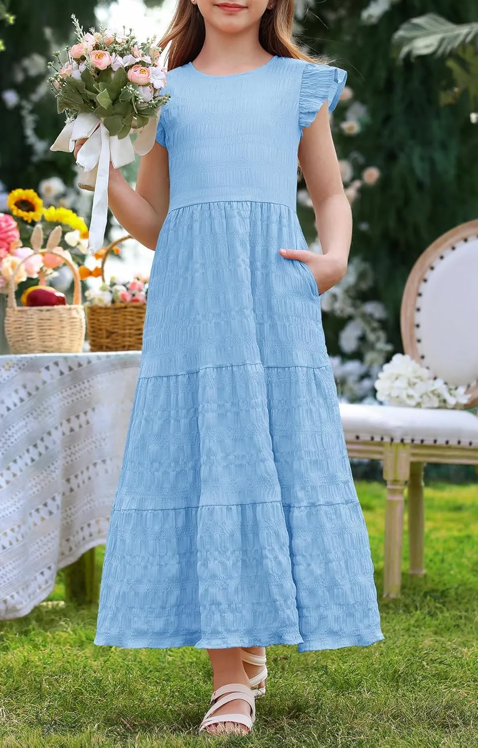 MITILLY Girls Summer Maxi Dress Cute Ruffle Short Sleeve A Line Flowy Casual Party Dresses with Pockets 6-13 Years