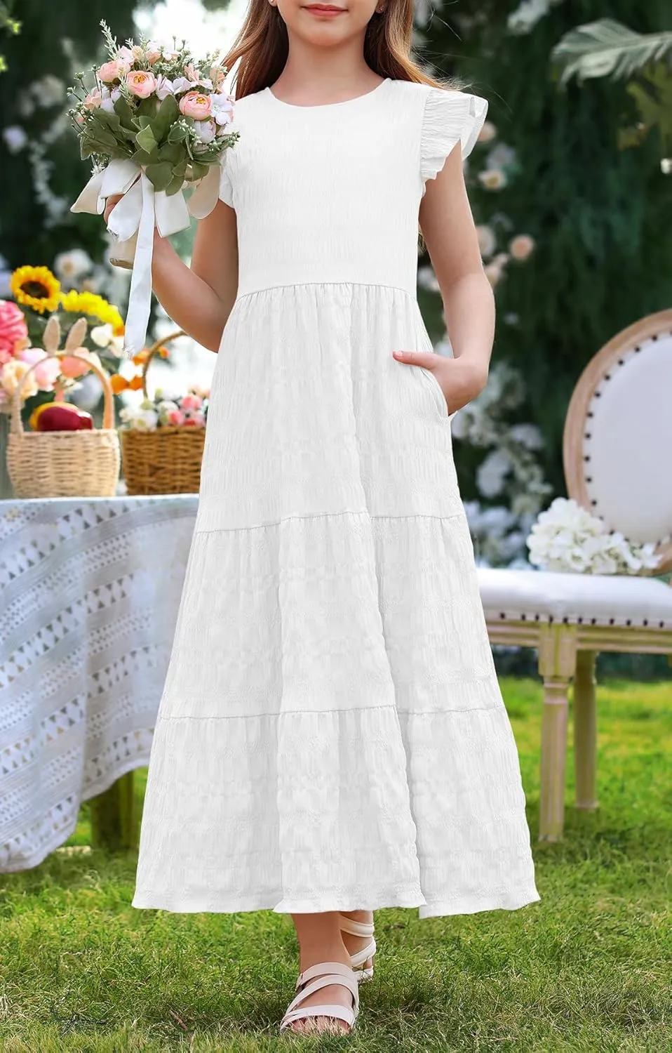 MITILLY Girls Summer Maxi Dress Cute Ruffle Short Sleeve A Line Flowy Casual Party Dresses with Pockets 6-13 Years
