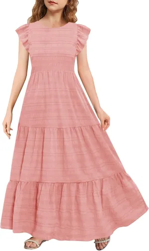 MITILLY Girls Summer Maxi Dress Cute Ruffle Short Sleeve A Line Flowy Casual Party Dresses with Pockets 6-13 Years