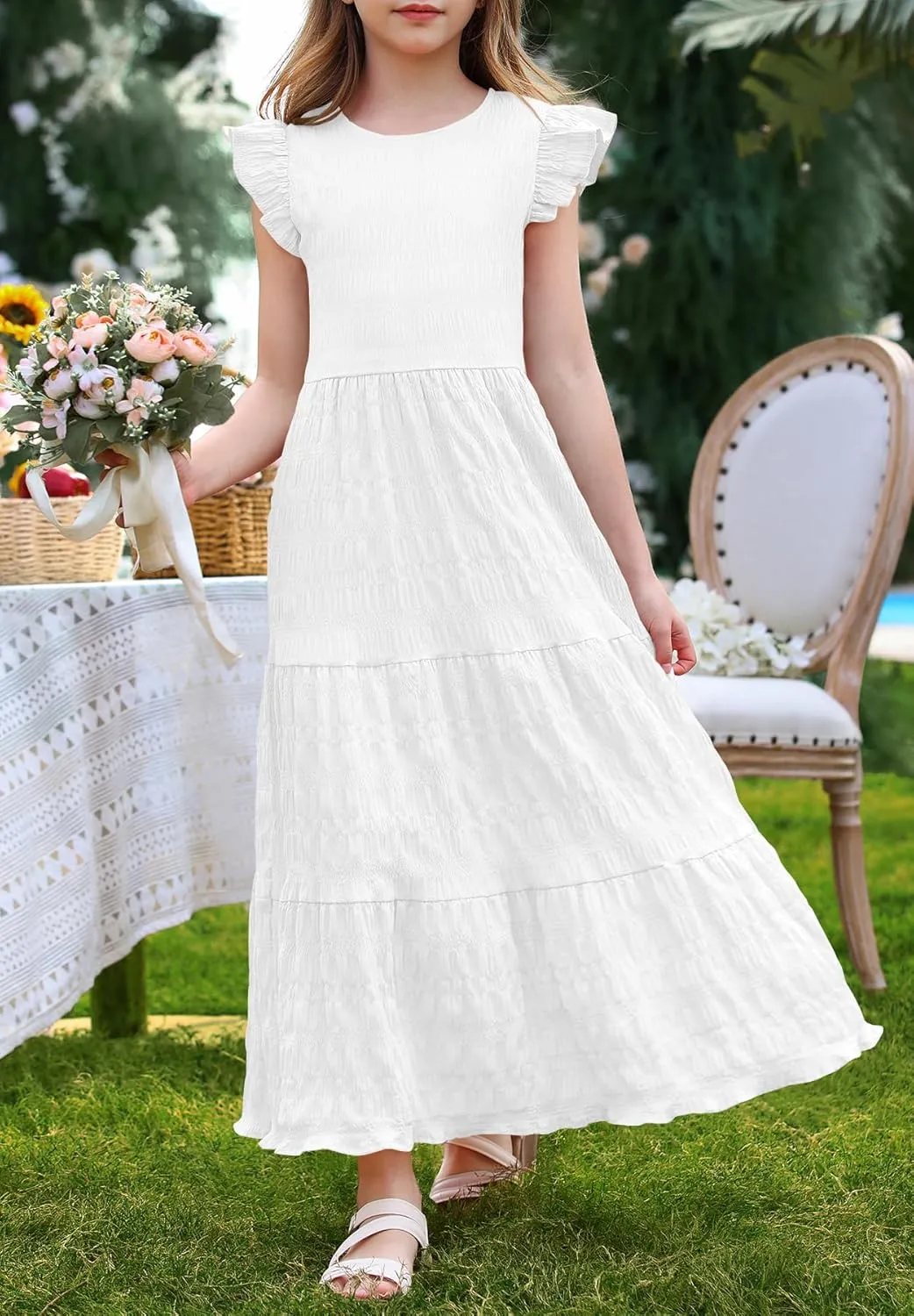 MITILLY Girls Summer Maxi Dress Cute Ruffle Short Sleeve A Line Flowy Casual Party Dresses with Pockets 6-13 Years