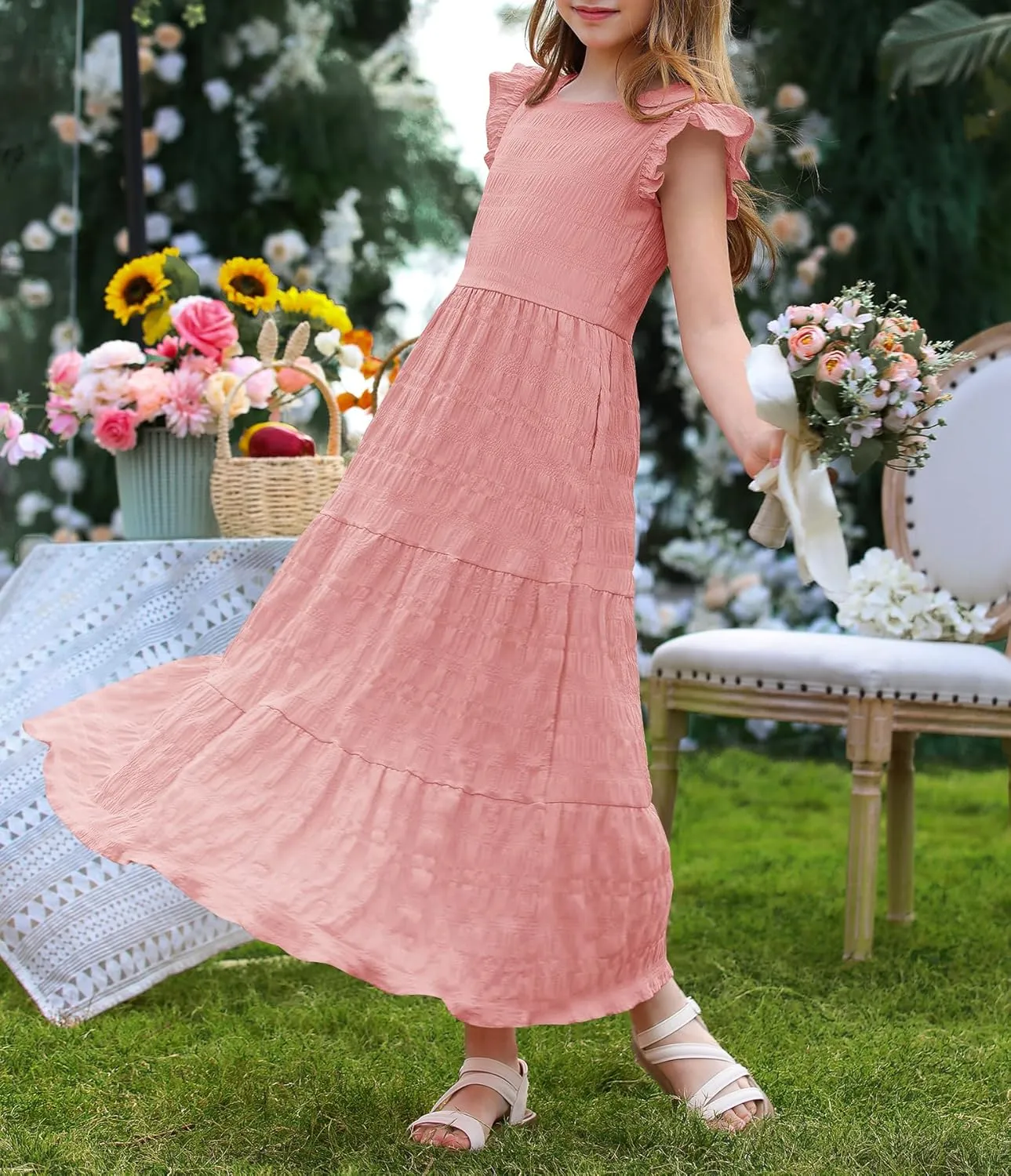 MITILLY Girls Summer Maxi Dress Cute Ruffle Short Sleeve A Line Flowy Casual Party Dresses with Pockets 6-13 Years