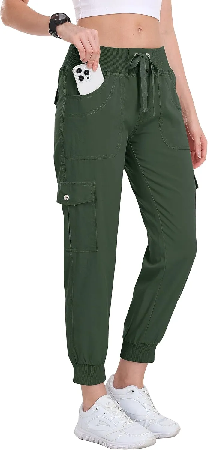 MoFiz Women's Cargo Joggers Lightweight Quick-Dry Elastic Waist Summer Pants for Hiking, Golf & Outdoor Travel Ankle Cuffs