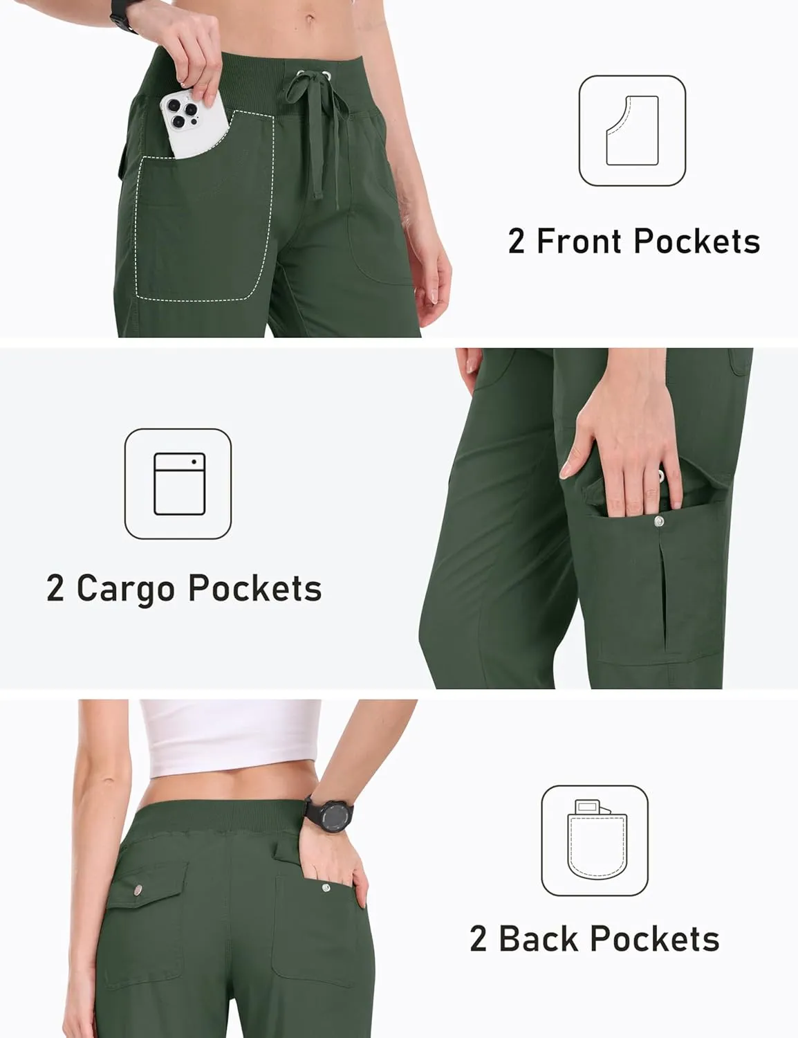 MoFiz Women's Cargo Joggers Lightweight Quick-Dry Elastic Waist Summer Pants for Hiking, Golf & Outdoor Travel Ankle Cuffs