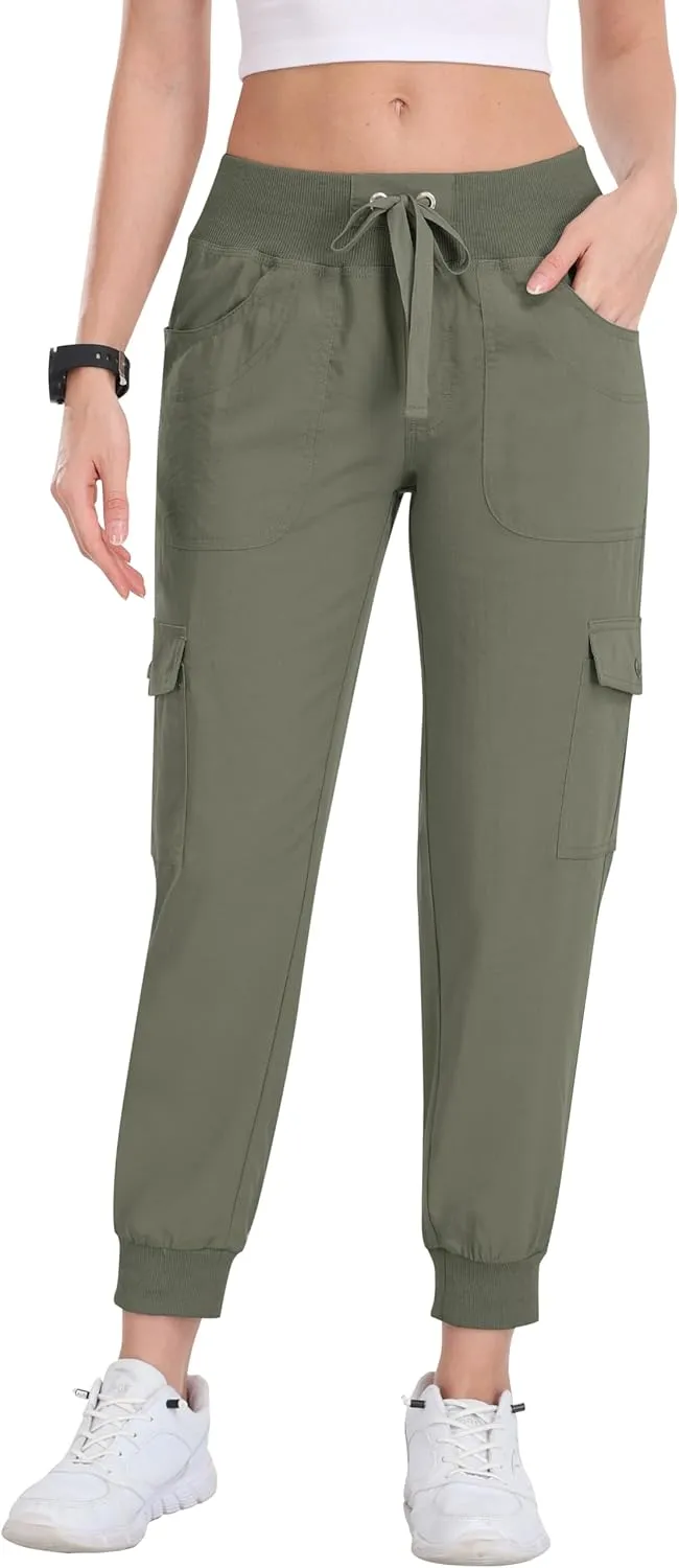 MoFiz Women's Cargo Joggers Lightweight Quick-Dry Elastic Waist Summer Pants for Hiking, Golf & Outdoor Travel Ankle Cuffs