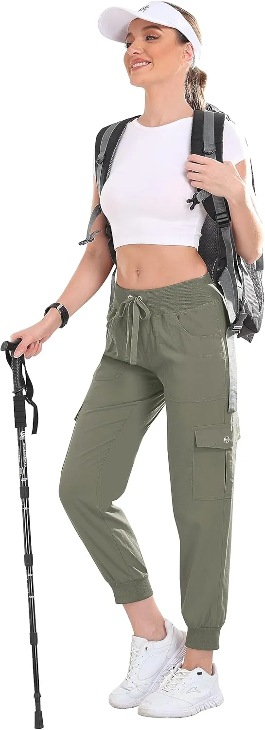 MoFiz Women's Cargo Joggers Lightweight Quick-Dry Elastic Waist Summer Pants for Hiking, Golf & Outdoor Travel Ankle Cuffs