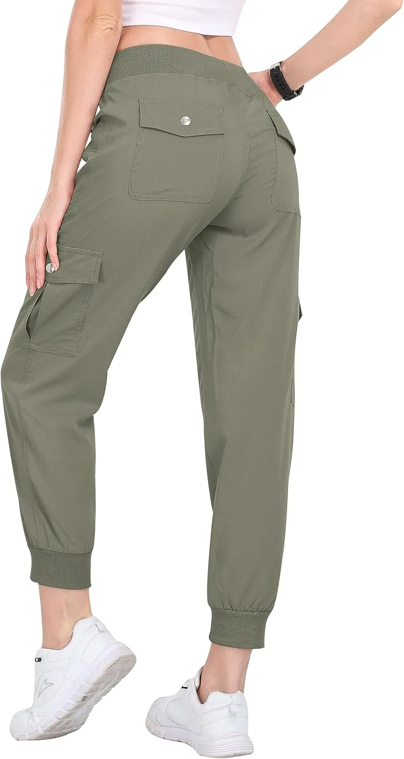 MoFiz Women's Cargo Joggers Lightweight Quick-Dry Elastic Waist Summer Pants for Hiking, Golf & Outdoor Travel Ankle Cuffs
