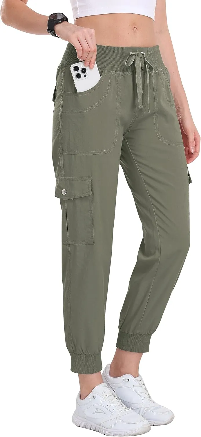 MoFiz Women's Cargo Joggers Lightweight Quick-Dry Elastic Waist Summer Pants for Hiking, Golf & Outdoor Travel Ankle Cuffs