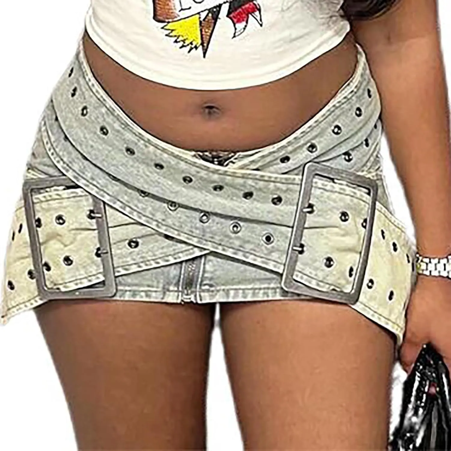 Molisry Women Cargo Skirt Buckled Belt Low Waist Slim Fit Mini Skirt Sexy Cargo Jean Skirt Club Party