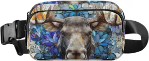Moose Stained Glass Fanny Pack Water Resistant, Women Men Waist Pack Sling Bag Purse for Travel Hiking