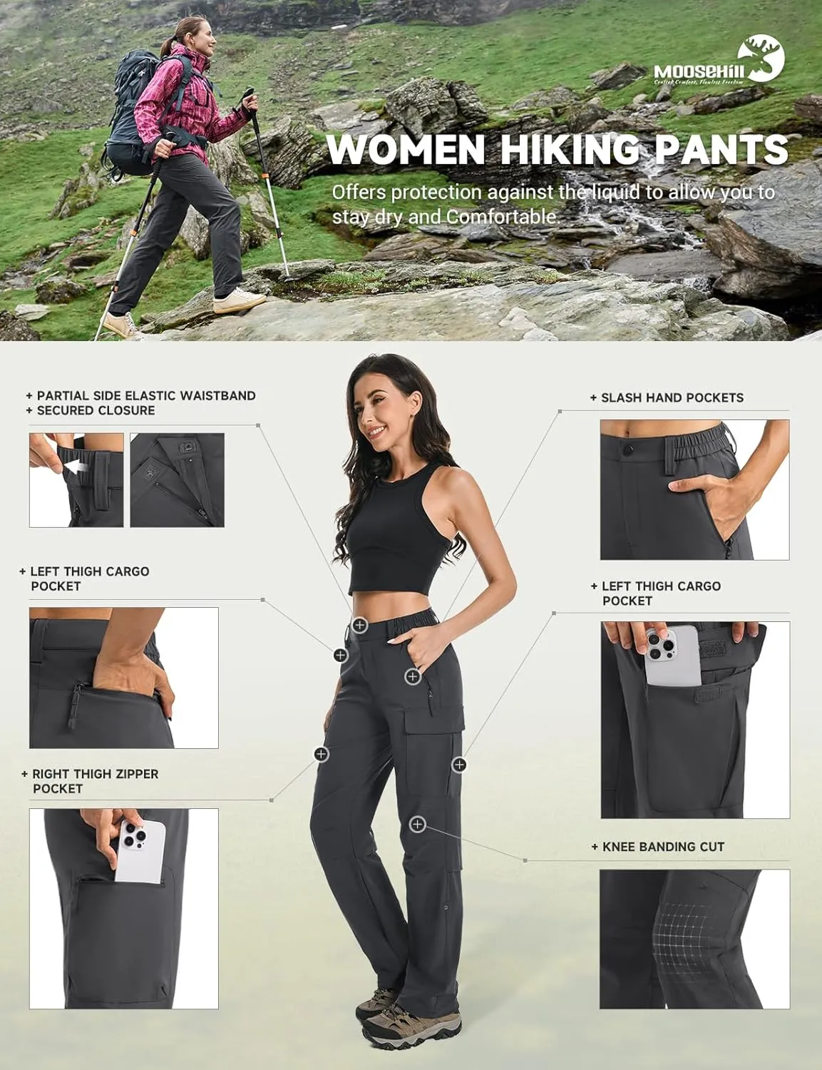 Moosehill Women's Hiking Pants Lightweight Quick Dry Water Resistant Cargo Travel Work Summer Pants for All Seasons
