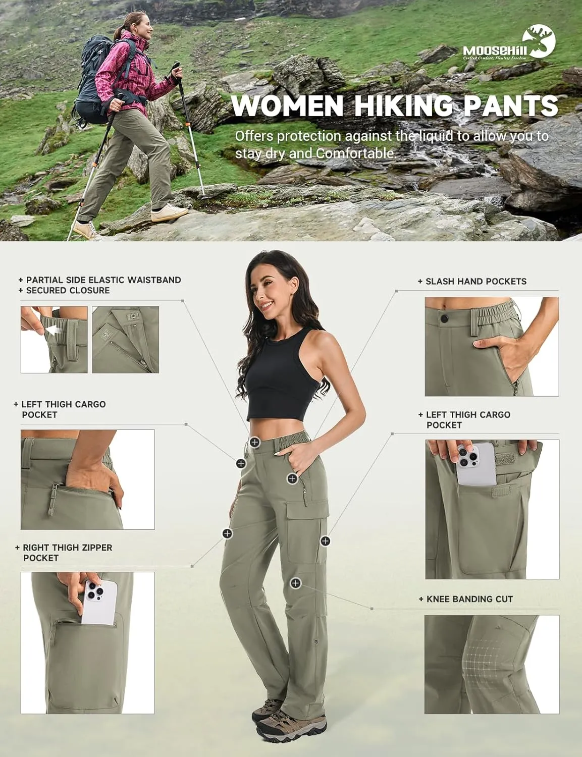 Moosehill Women's Hiking Pants Lightweight Quick Dry Water Resistant Cargo Travel Work Summer Pants for All Seasons